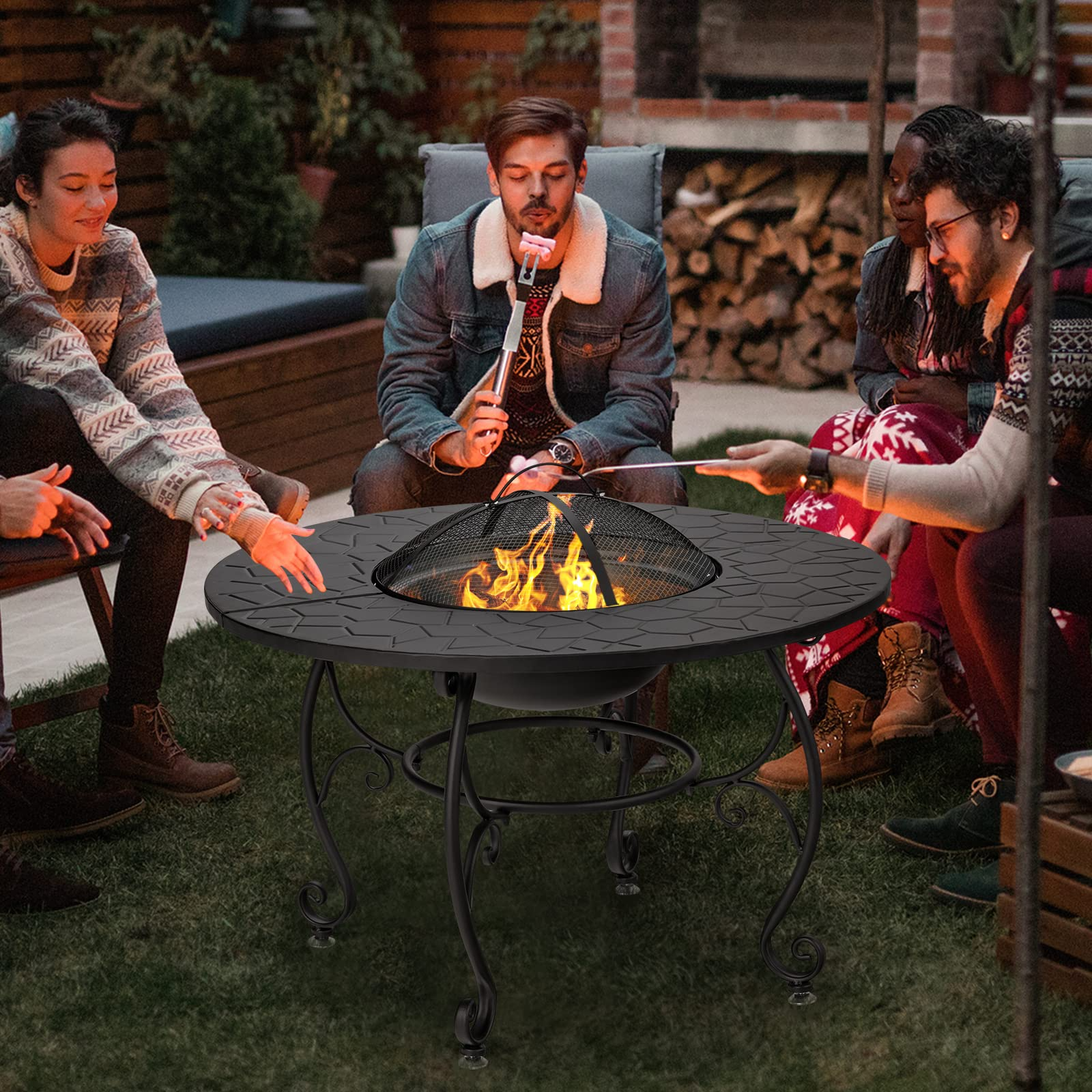 Fire Pit Table 4-in-1 Outdoor Dining Table, 36 Inch Multifunctional Metal Round Patio Table