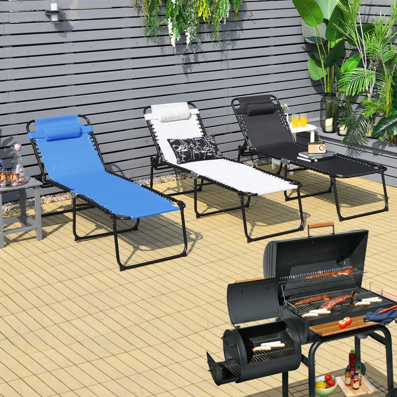 Folding Chaise Lounge Chair, Adjustable Beach Chair, Folding Patio Recliner