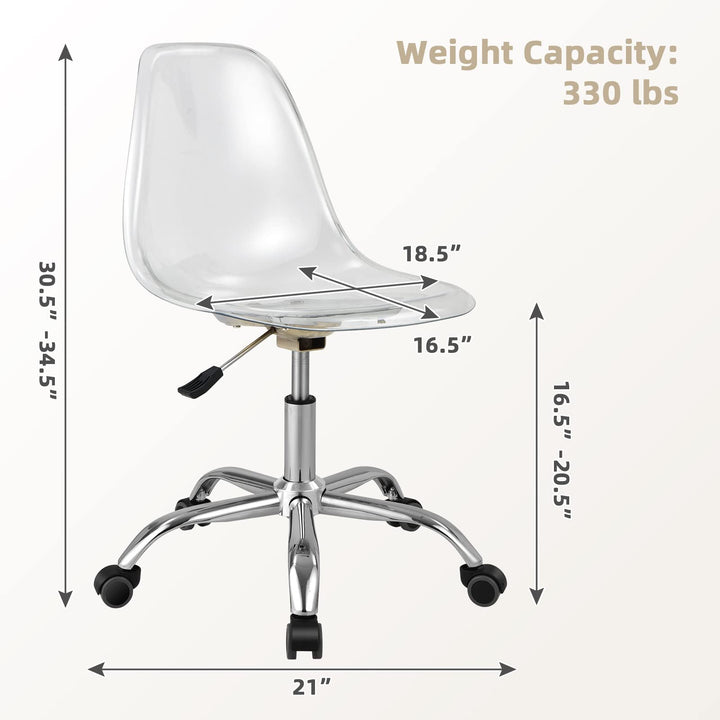 Giantex Clear Desk Chair, Acrylic Armless Office Rolling Chair, Height Adjustable Leisure Ghost Chair