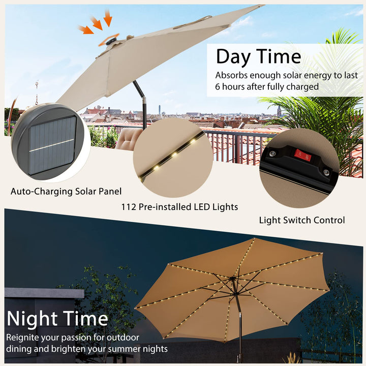 Giantex 10 ft Patio Umbrella with 112 Solar Lights, Outdoor Table Market Umbrellas with 8 Ribs