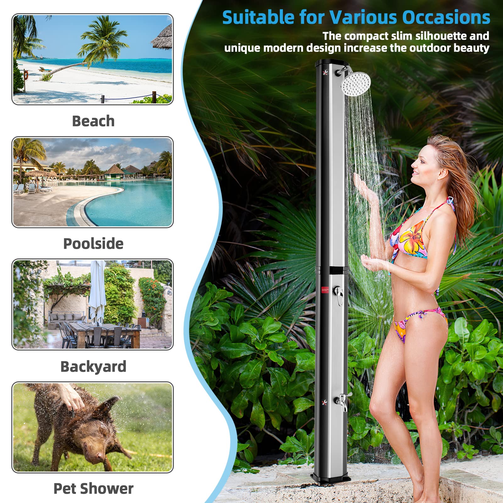 Giantex 7.2 FT 10 Gallon 2-Section Solar-Heated Outdoor Shower, Pool Shower W/Free-Rotating Shower Head