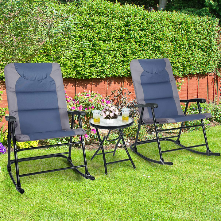 Giantex 3 PCS Folding Bistro Set Outdoor Patio Rocking Chairs Round Table Set 2 Rocking Chairs