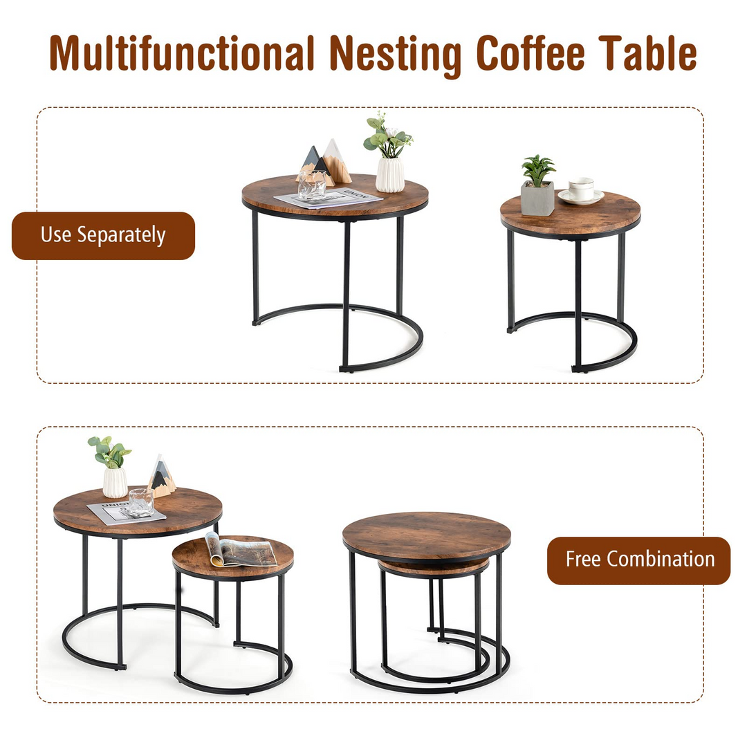 Nesting Coffee Table Set of 2, Round Stacking Side Tables w/Wooden Tabletop & Steel Frame