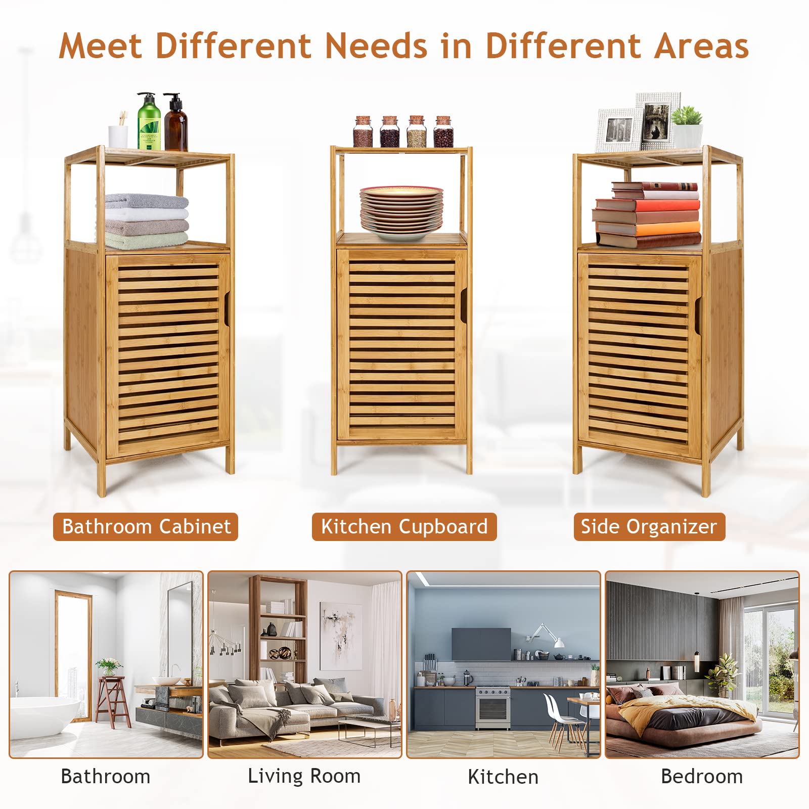 Giantex Bathroom Floor Cabinet, Bamboo Storage Cabinet w/Single Door & Open Shelves