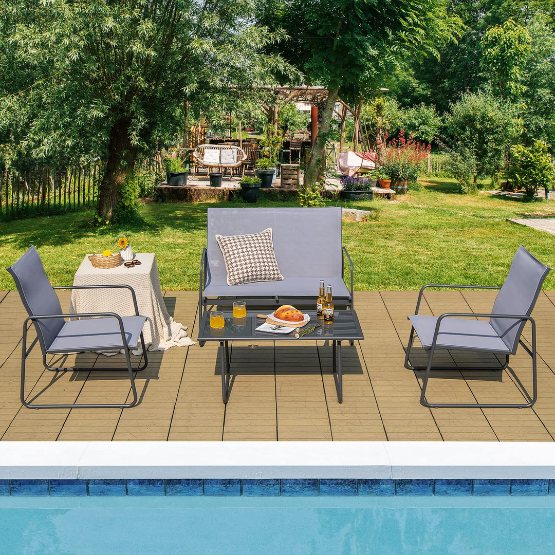 Giantex 4 Pieces Patio Furniture Set, Outdoor Conversation Set with 2 Patio Dining Chairs, Tempered Glass Coffee Table