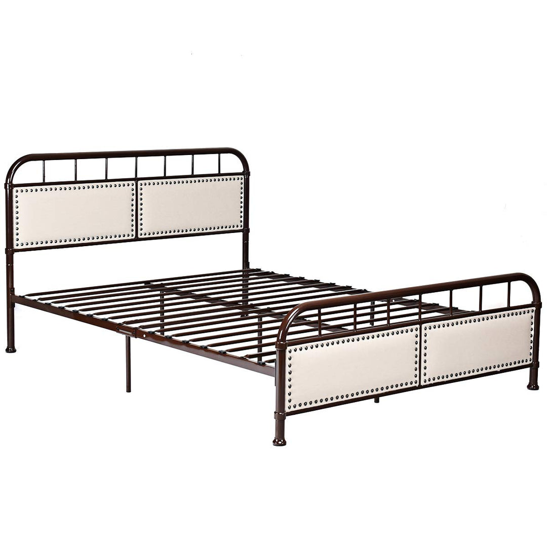 Queen Size Vintage Metal Platform Bed with Button Tufted Headboard & Footboard
