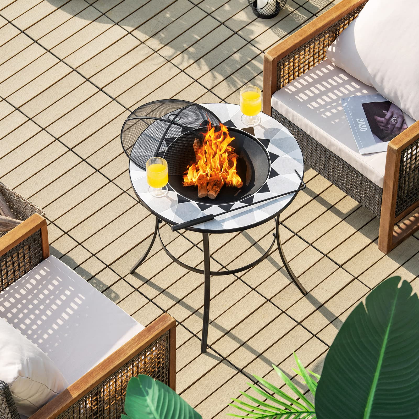 Giantex Fire Pit Table, Outdoor Fire Pit with Mesh Cover, Fire Poker, Tile Tabletop