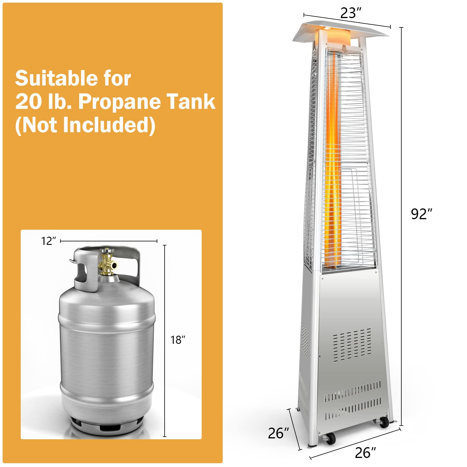 Outdoor Heater with Tip-Over & Flameout Protection for Backyard, Garden (Silver)