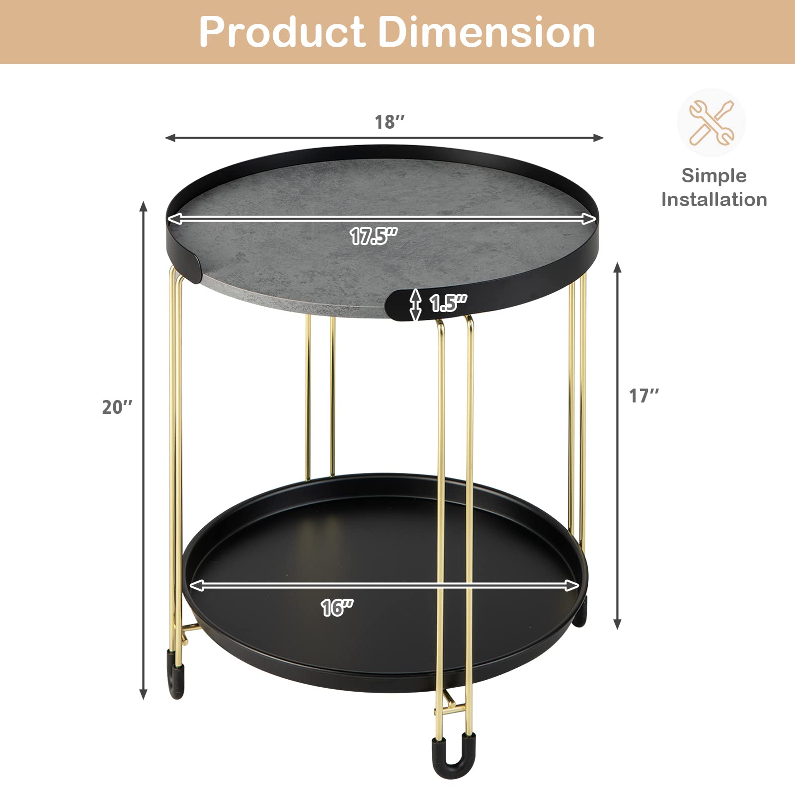 Giantex Modren Side Table, Faux Marble End Table with Golden Frame and Removable Tray