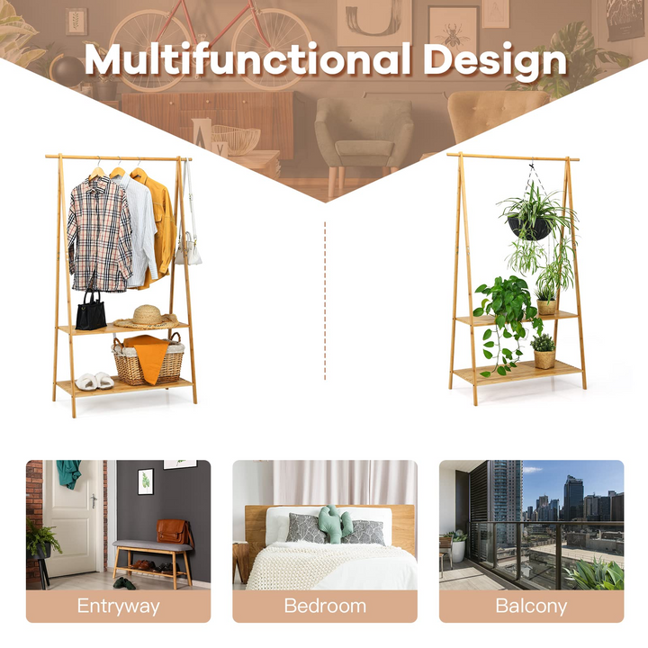 2-Tier 5.3Ft 100% Bamboo Garment Rack with Top Hanging Rod and Bottom Storage Shelves