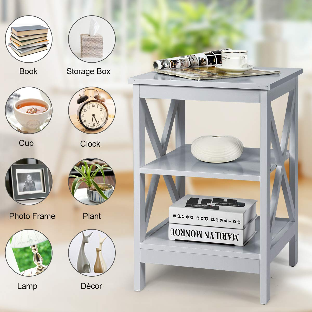 Nightstand 3-Tier X-Design W/Storage Shelves and Stable Structure Storage Organizer Display Sofa Side Table