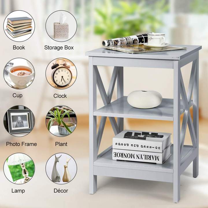 Nightstand 3-Tier X-Design W/Storage Shelves and Stable Structure Storage Organizer Display Sofa Side Table