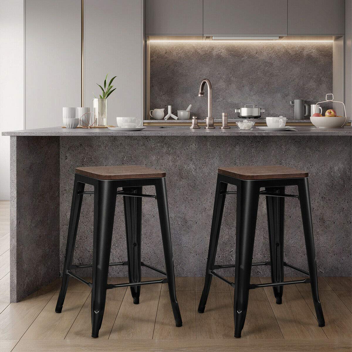 26 inch Metal Bar Stool Set of 4, Counter Height Backless Stool with Wooden Seat