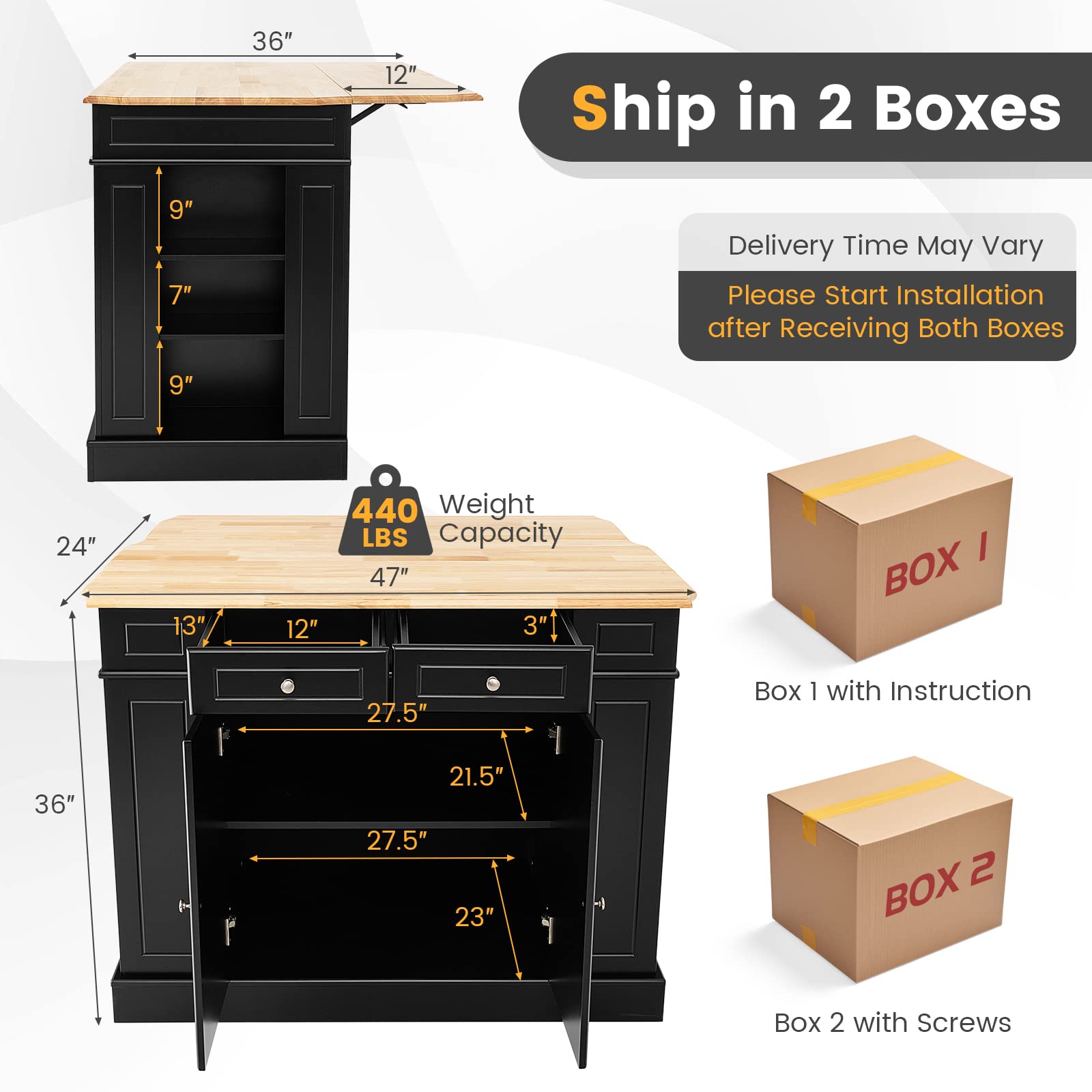 Giantex Kitchen Island with Drop Leaf, Rubber Wood Top, 2 Drawers, Storage Cabinets