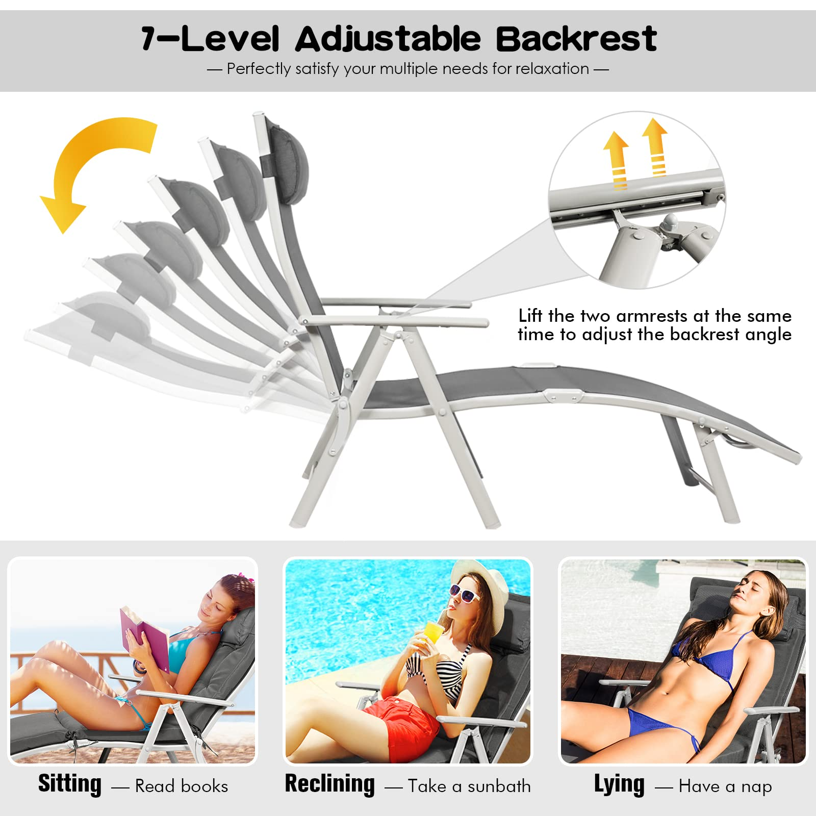 Pool Folding Reclining Beach Chair W/Removable Cushion&Headrest Pillow