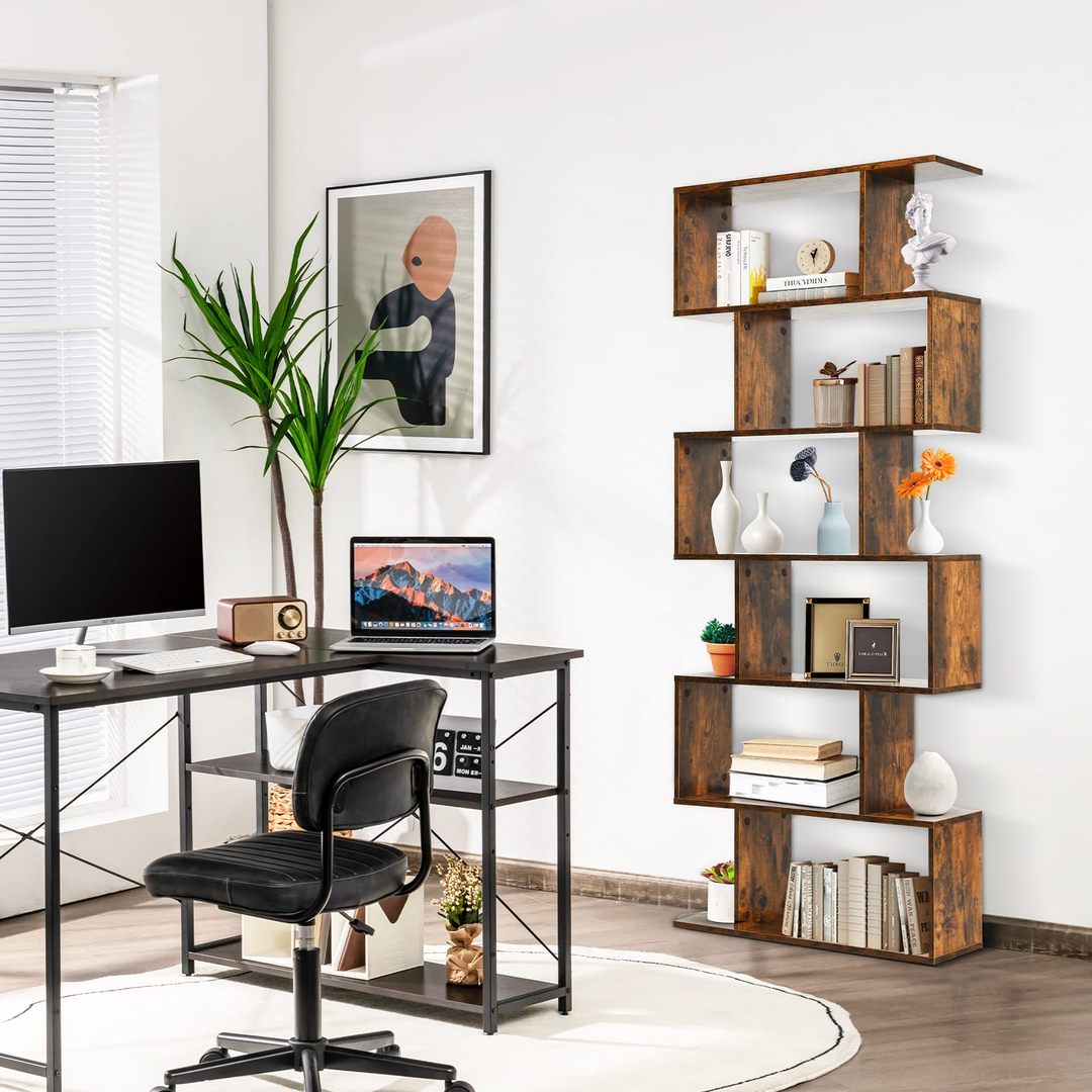 Giantex Geometric Bookcase Rustic, Solid Wood S-Shaped Bookshelf