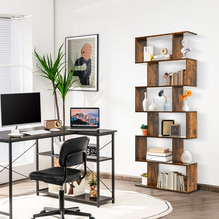 Giantex Geometric Bookcase Rustic, Solid Wood S-Shaped Bookshelf