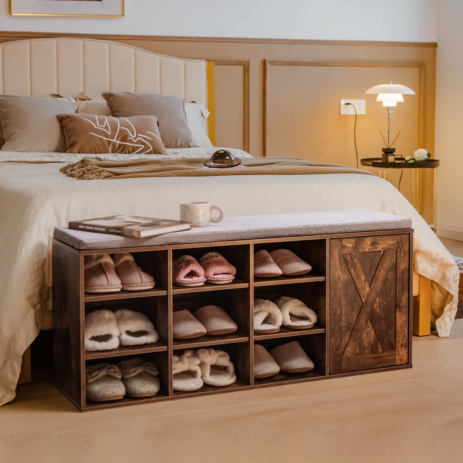 Giantex Shoe Bench, 3 Tier 9 Cubes Storage Bench with Adjustable Shelves (Rustic Brown)