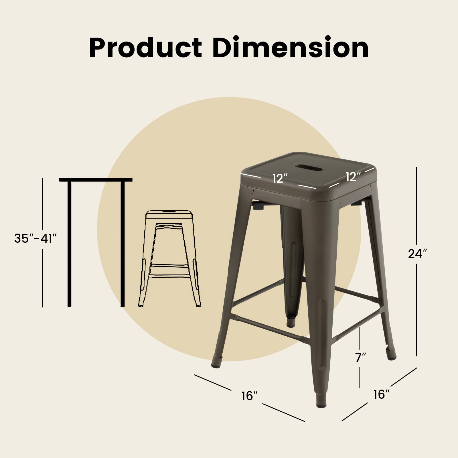 Bar Stools Set of 4, 24” or 30" Stackable Metal Stools with Square Seat & Handing Hole, X-shaped Reinforced Design