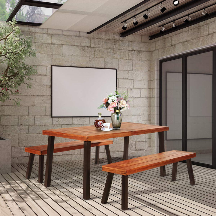 Patio Dining Table Set with 2 Benches, Outdoor Picnic Table Set with Umbrella Hole