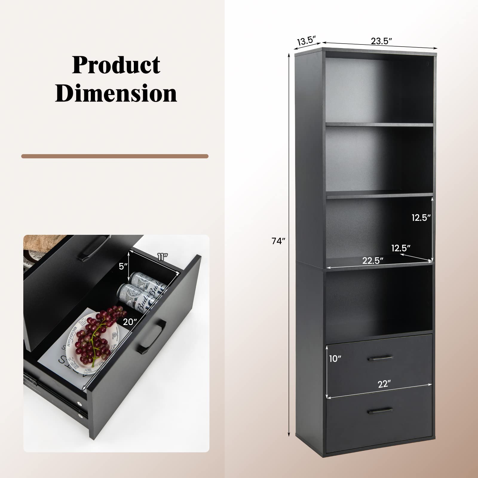 74" Tall 4-Tier Bookcase - Giantex