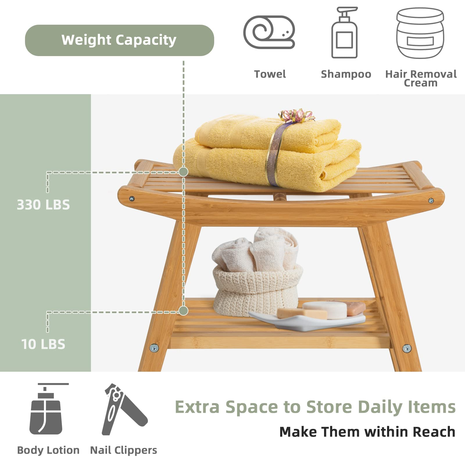 Bamboo Shower Bench with Foot Stool, Shower Seat Bench with Underneath Storage Shelf