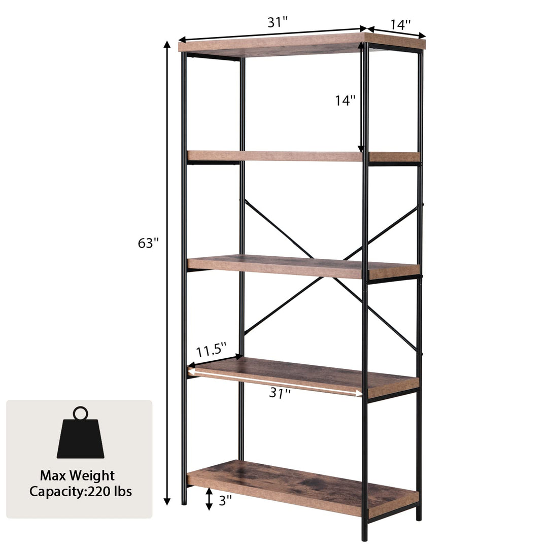 Giantex Industrial 5-Tier Wood Bookshelf - 63’’ Tall Open Storage Organizer Shelves with Anti-Tipping Device and Foot Pads