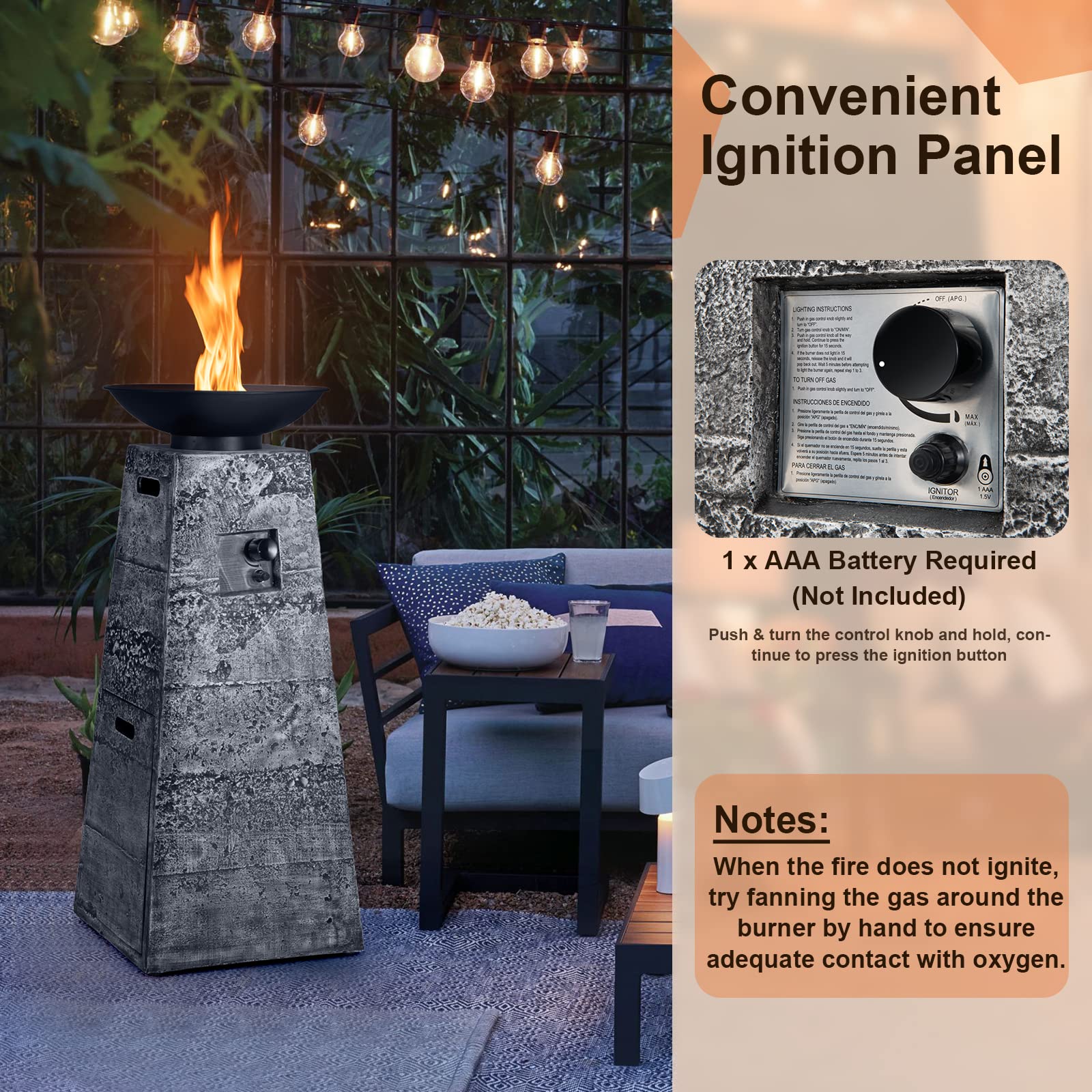 Giantex Outdoor Propane Fire Pit - 48 Inch Propane Fire Bowl Column with Lava Rocks & PVC Cover, 30,000 BTU Heat Output