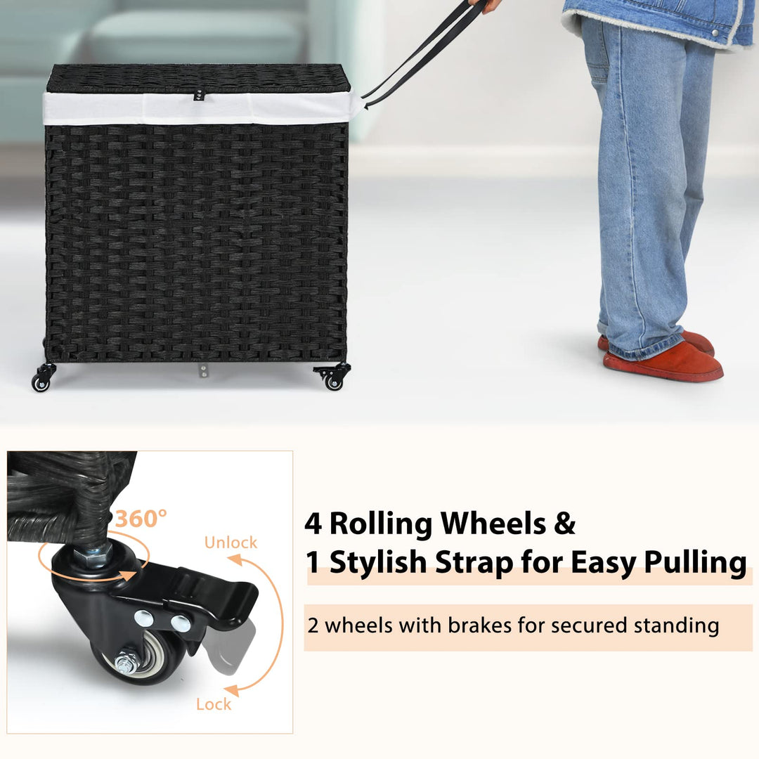 Giantex Laundry Hamper w/Wheels, 3 Section Hamper 125L w/2 Removable Liner Bags