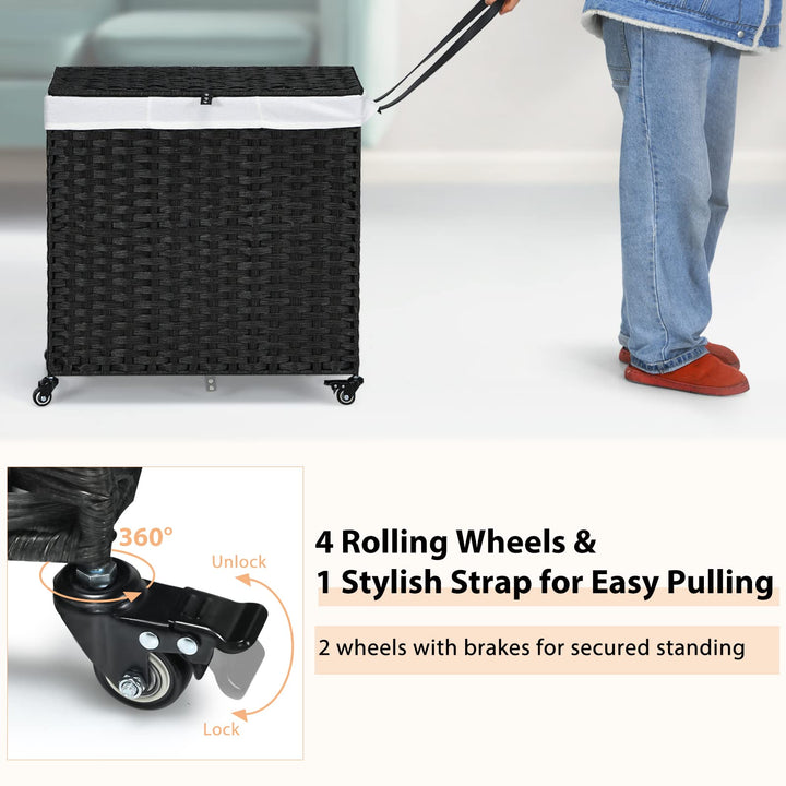 Giantex Laundry Hamper w/Wheels, 3 Section Hamper 125L w/2 Removable Liner Bags