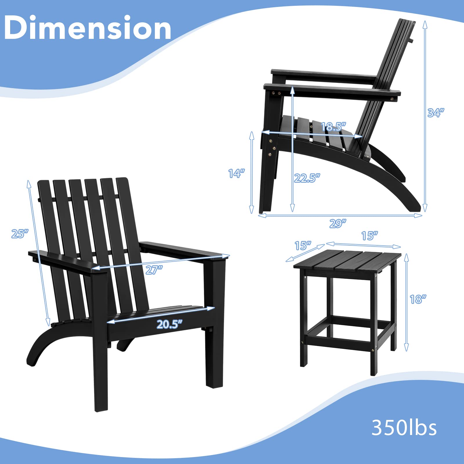 Giantex Wood Adirondack Chair & Side Table Set, Patio Bistro Set with Slatted Design