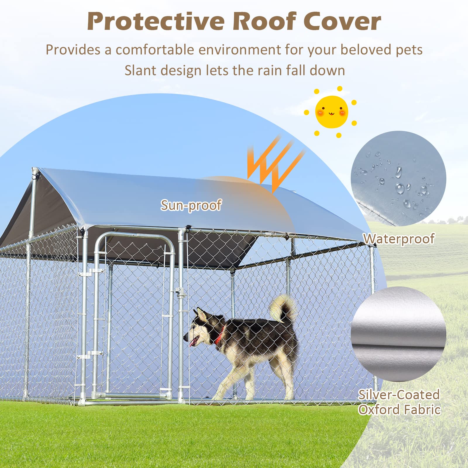 Giantex Outdoor Dog Kennel with Roof, 7.5ft Dog Fence with Door and Waterproof Cover