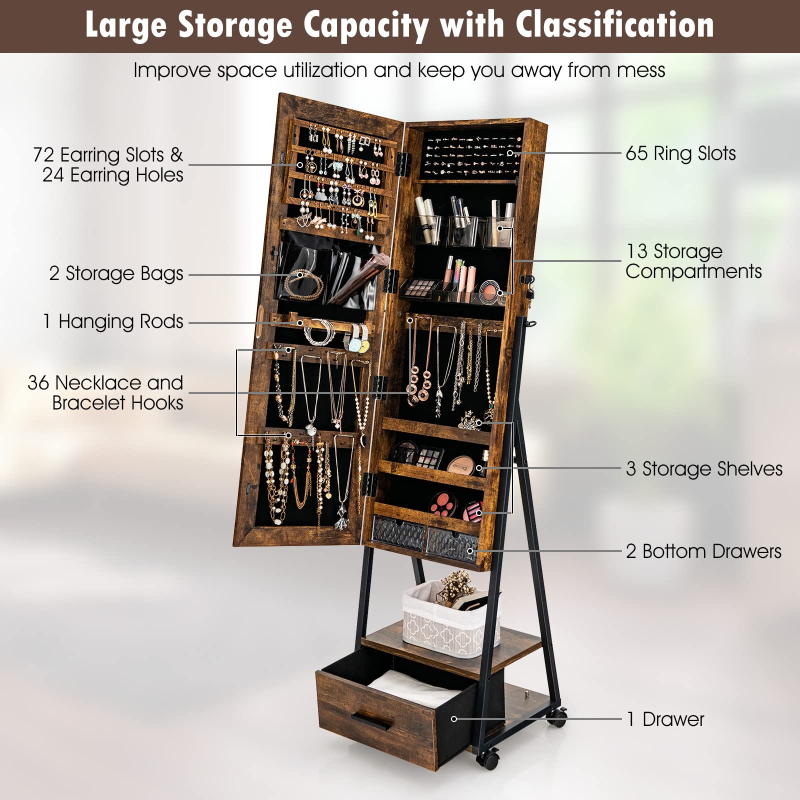 CHARMAID Rolling Jewelry Cabinet with Full Length Mirror, Lockable Standing Jewelry Armoire with Wheels