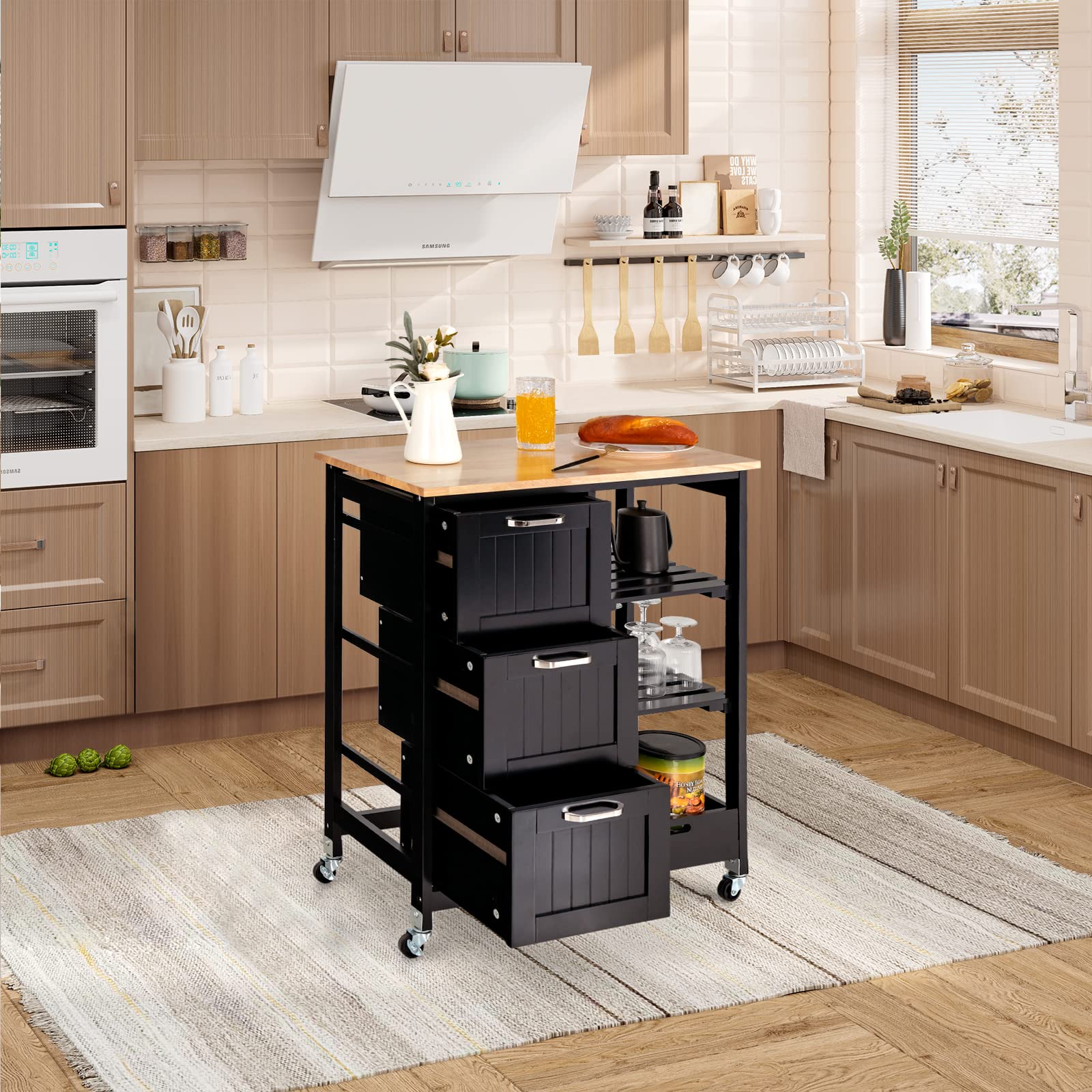 Giantex Kitchen Island Cart with Storage, Bar Serving Cart on Wheels with 3 Deep Drawers