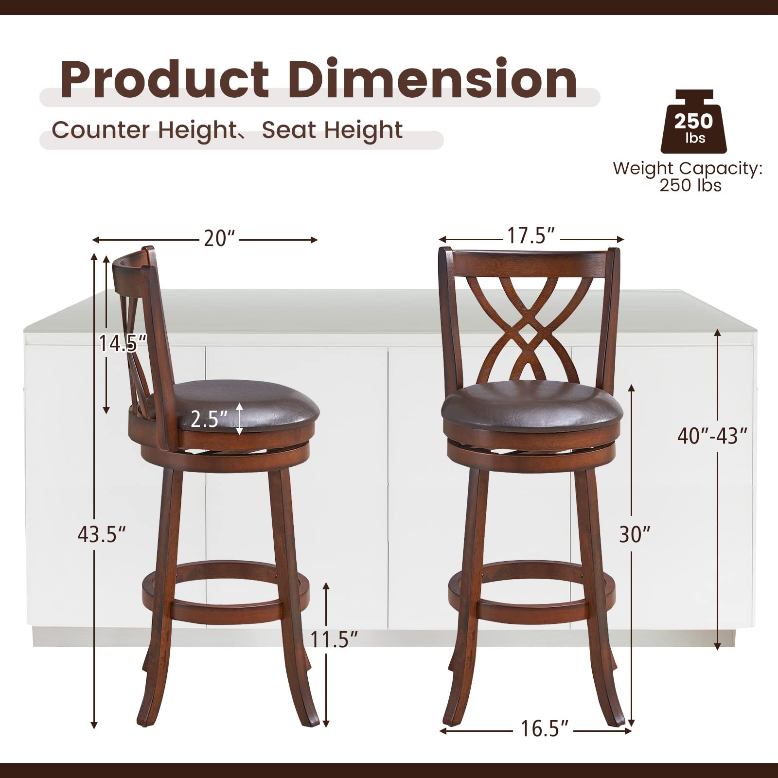 Giantex Brown Bar Stools PU Leather Cushioned Seat and Footrests, for Kitchen Island