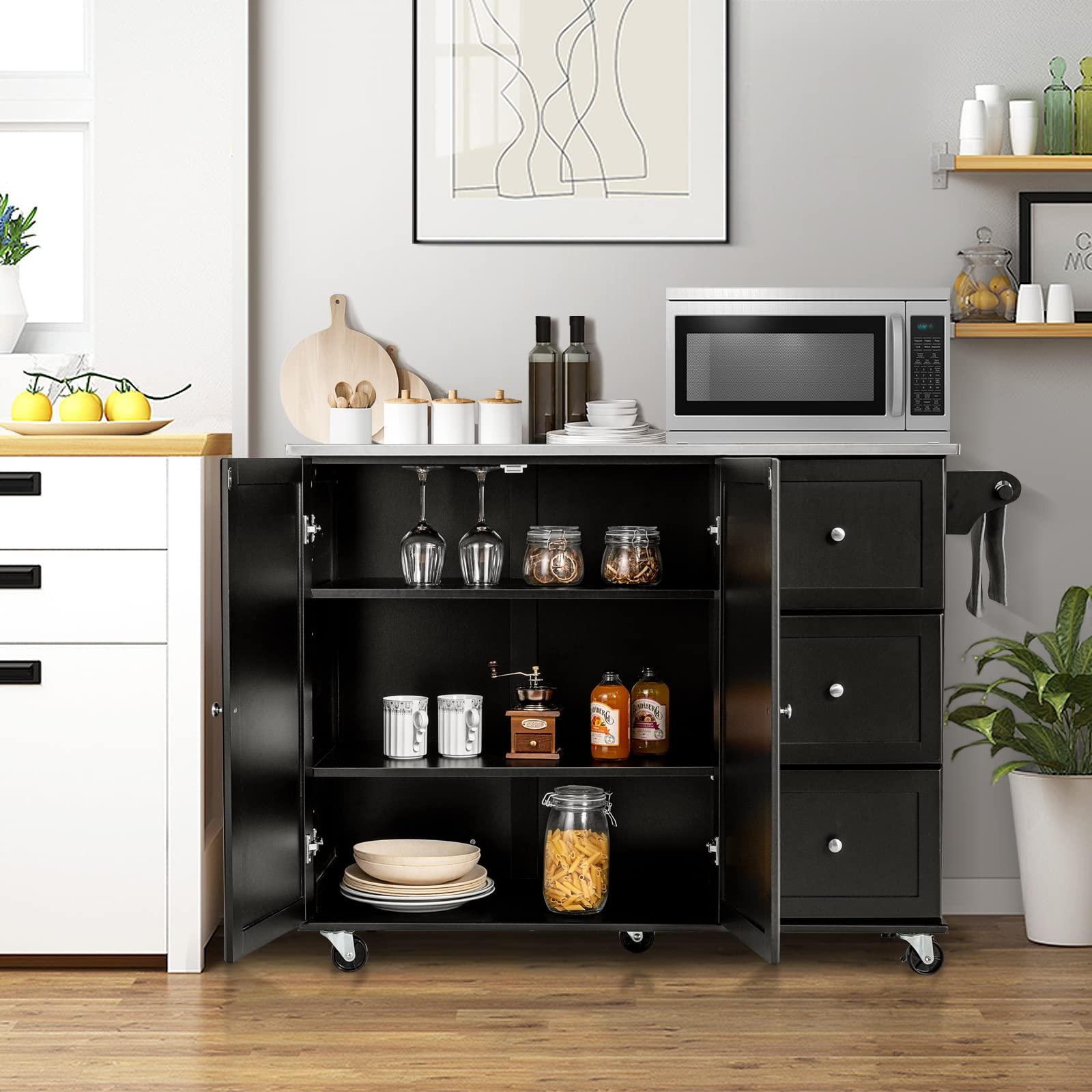 Giantex Kitchen Island with Stainless Steel Countertop, Dark Brown