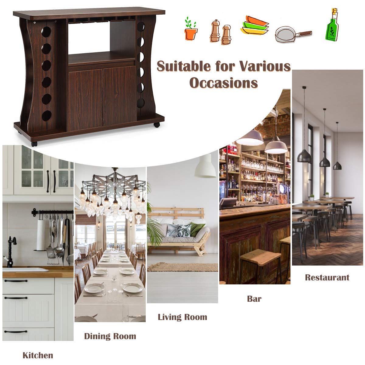Buffet Server, Rolling Sideboard, Wood Credenza, Console Table