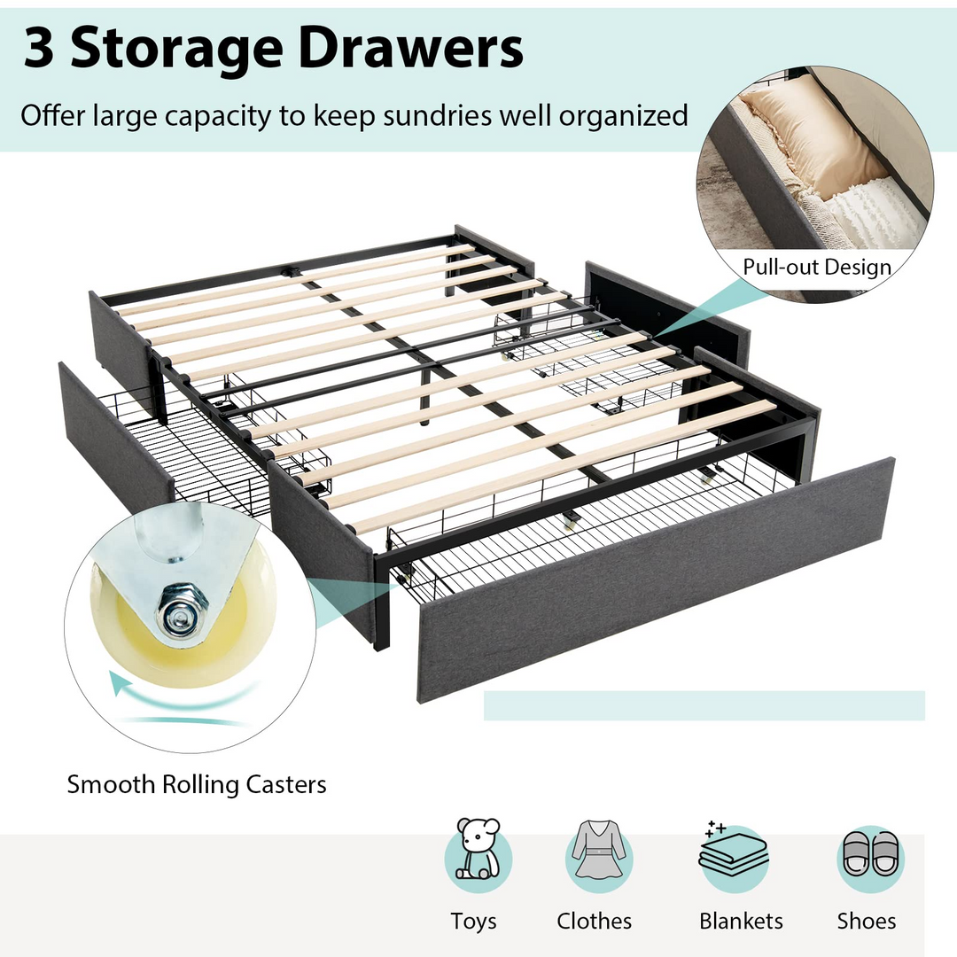 Full Size Platform Bed Frame with 3 Storage Drawers - Giantex