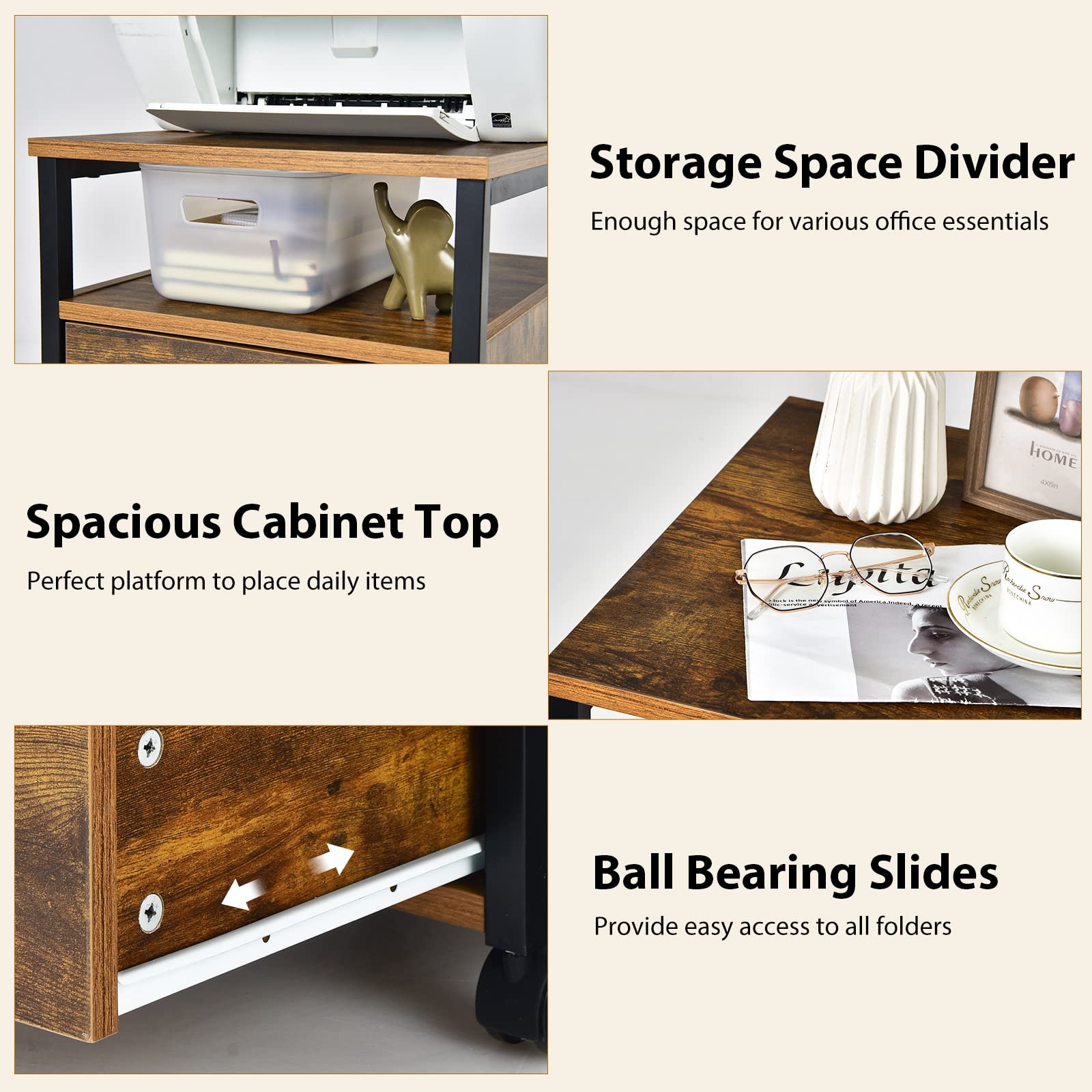Giantex 2-Drawer Rolling File Cabinet, Under Desk File Cabinet Printer Stand on Wheels, Rustic Brown
