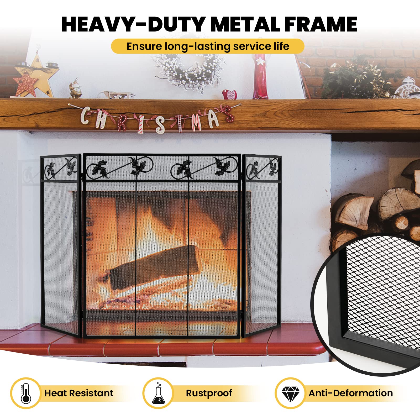 Giantex 3-Panel Fireplace Screen Black - 50 x 30 Inch Folding Antique Mesh Metal Flat Fireplace Screen