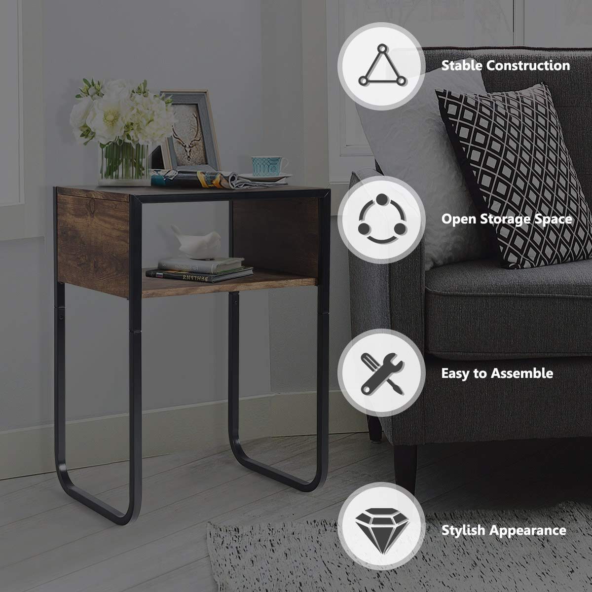 Giantex Side Table Industrial W/Drawer and Metal Frame (2, Rustic Brown)