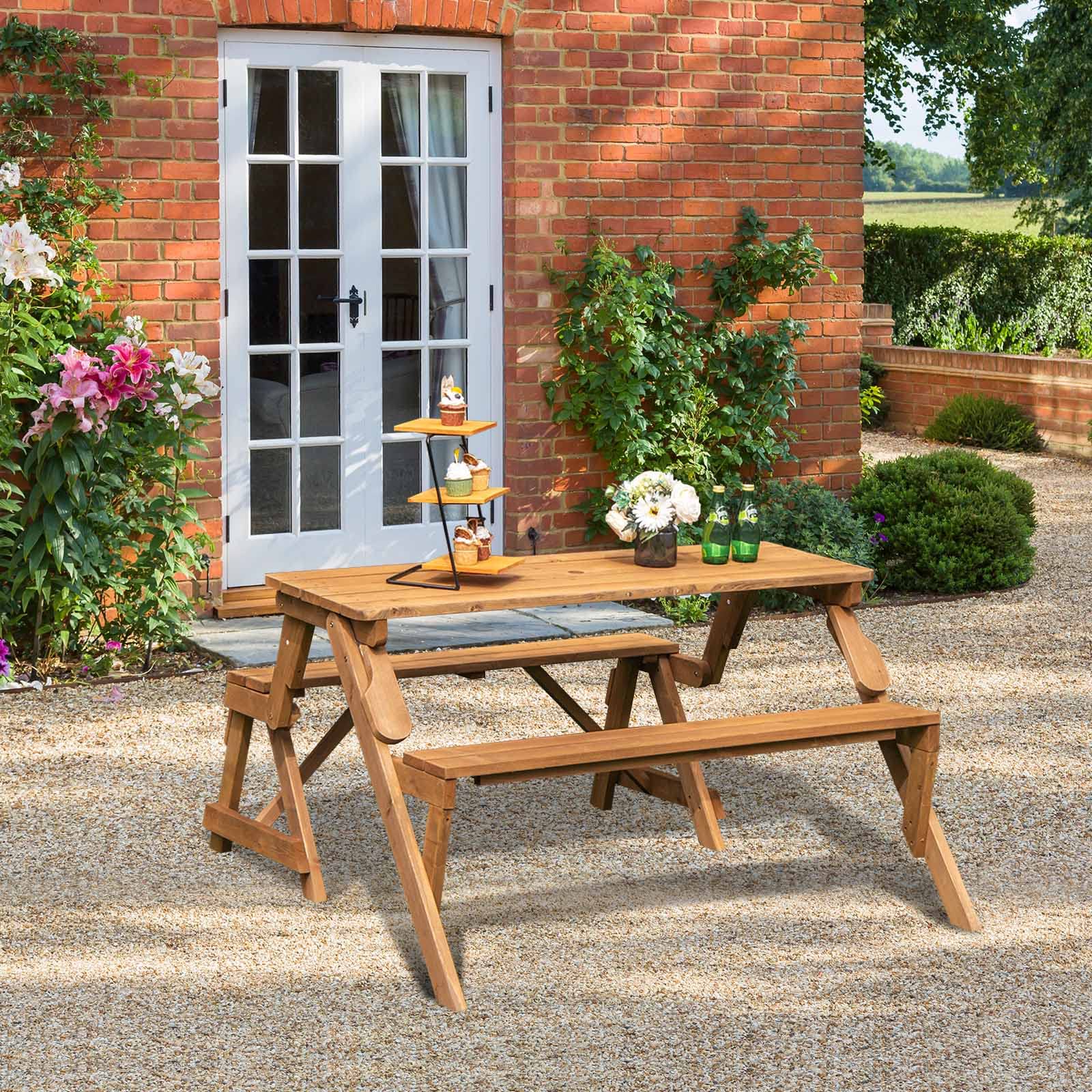 Giantex Wooden Picnic Table Set, 2 in-1 Folding Picnic Bench Set Transforming Interchangeable