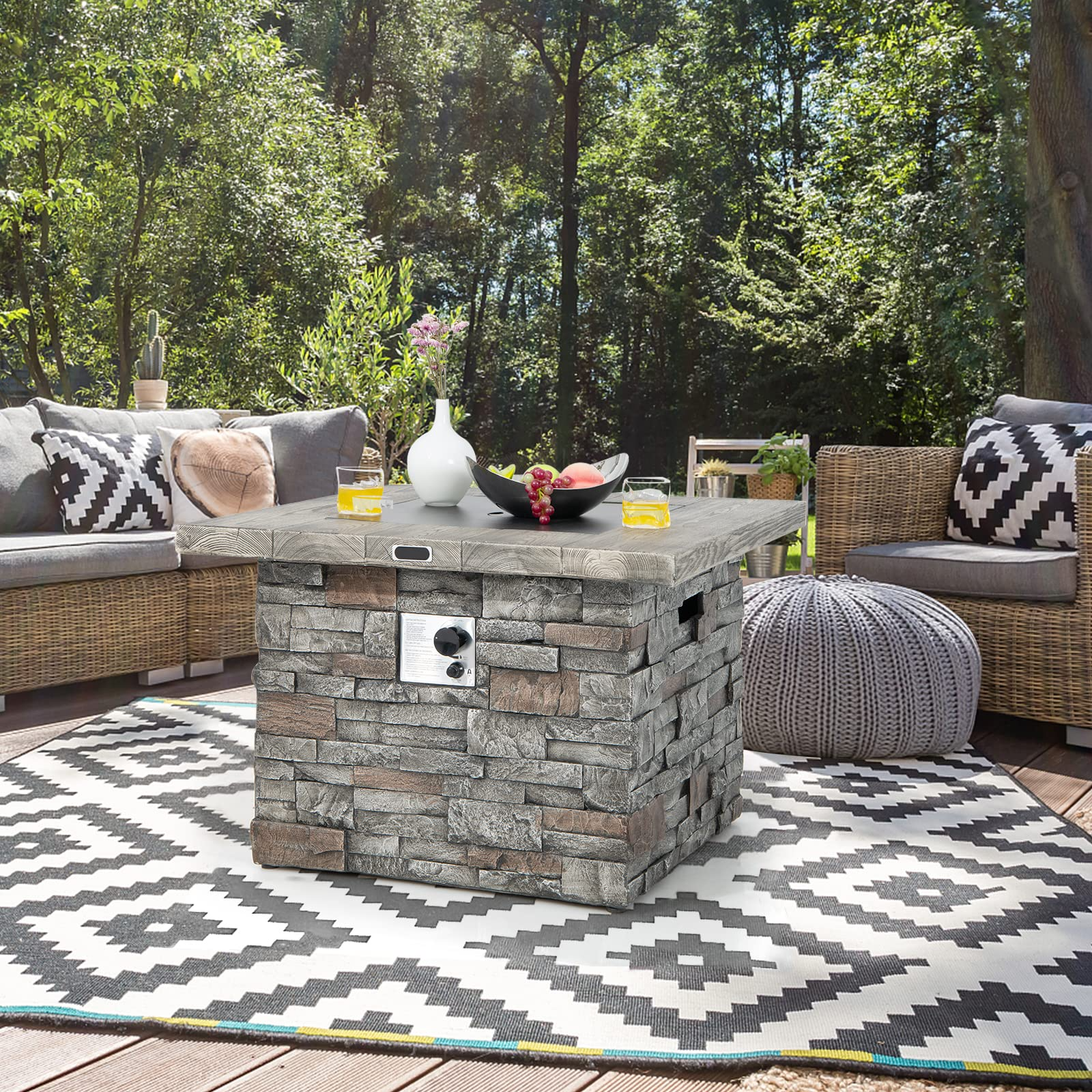 34.5" Propane Gas Fire Pit Table - Patio 2-in-1 Outdoor Square Fire Table W/ Volcanic Rock & PVC Cover