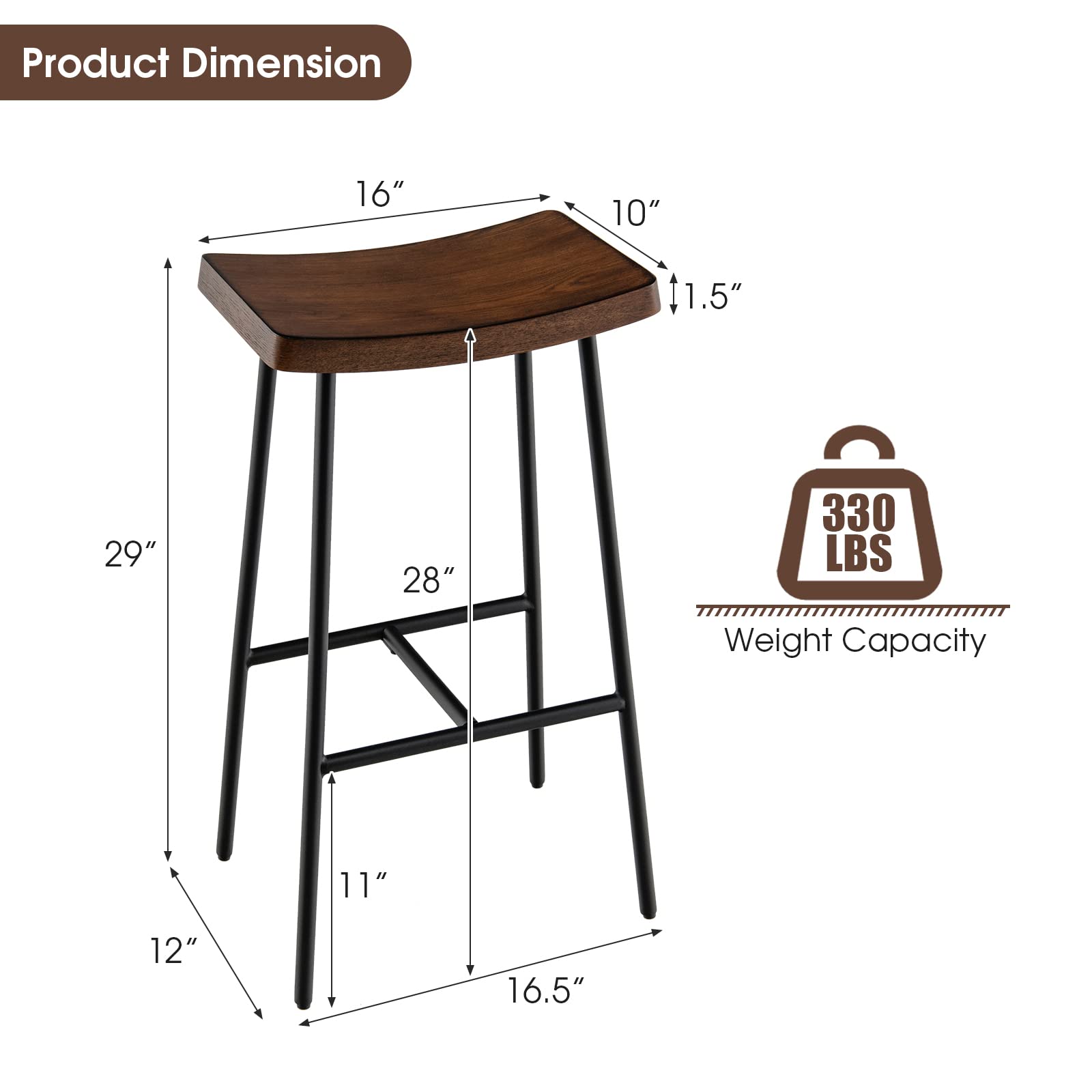 Industrial Saddle Stool with Footrest, Metal Legs, Adjustable Foot Pads, Backless Counter Height Chair for Living Room Kitchen Bar