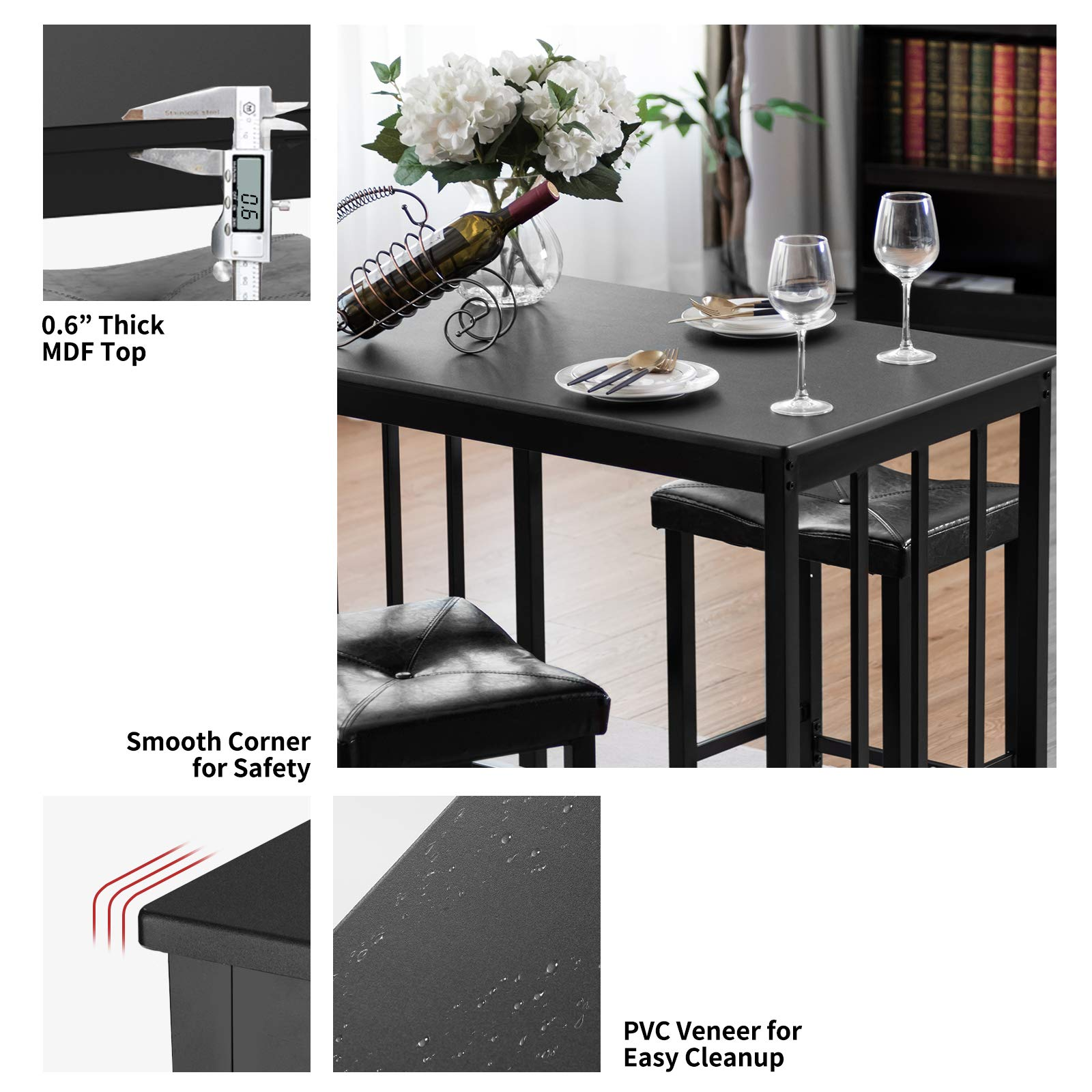 Giantex 3 piece Dining Set, Counter Height Table Set with Black Frosted Tabletop and Metal Frame for Kitchen