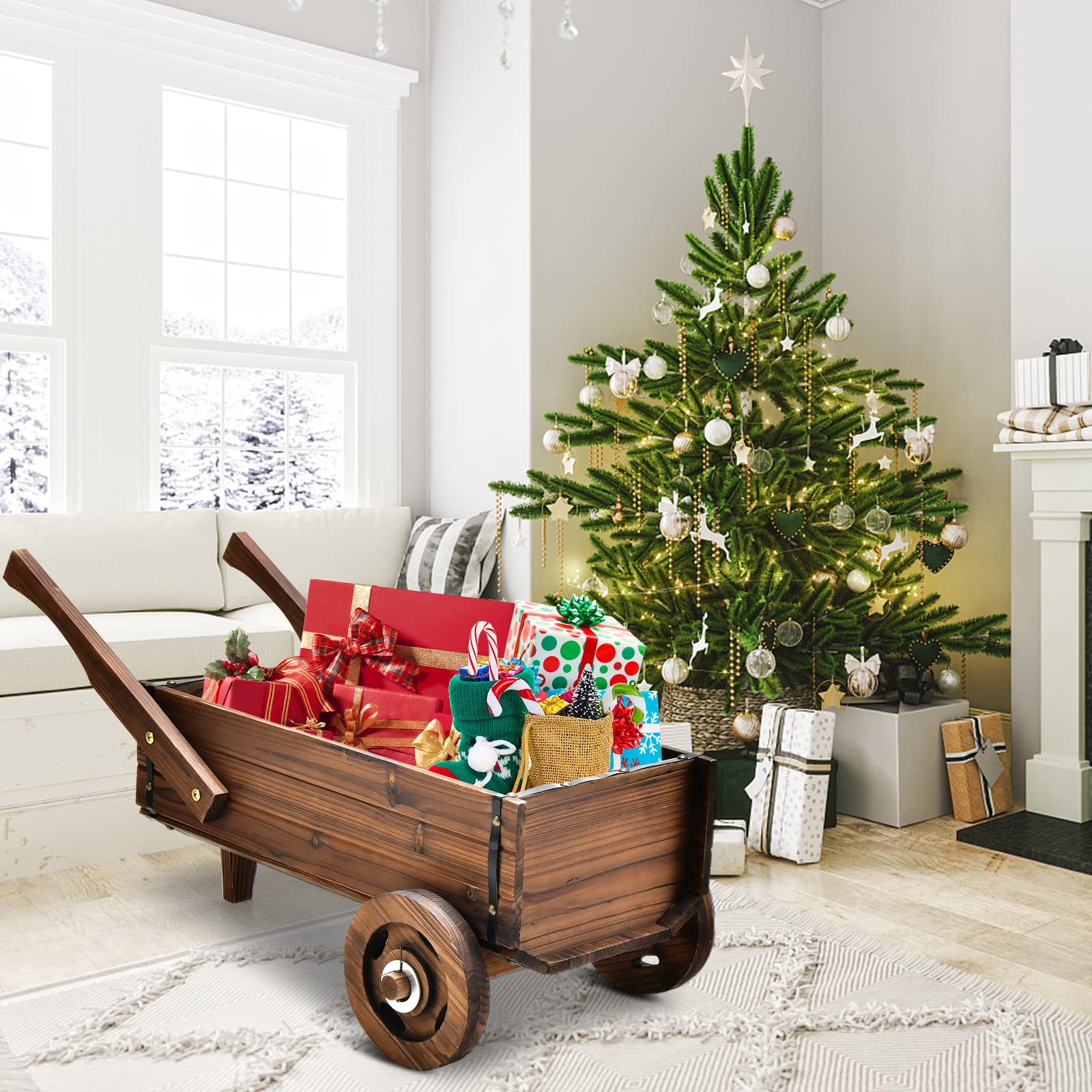 Giantex Wooden Wagon Planter Box, Decorative Wagon Cart with Wheels, Handles
