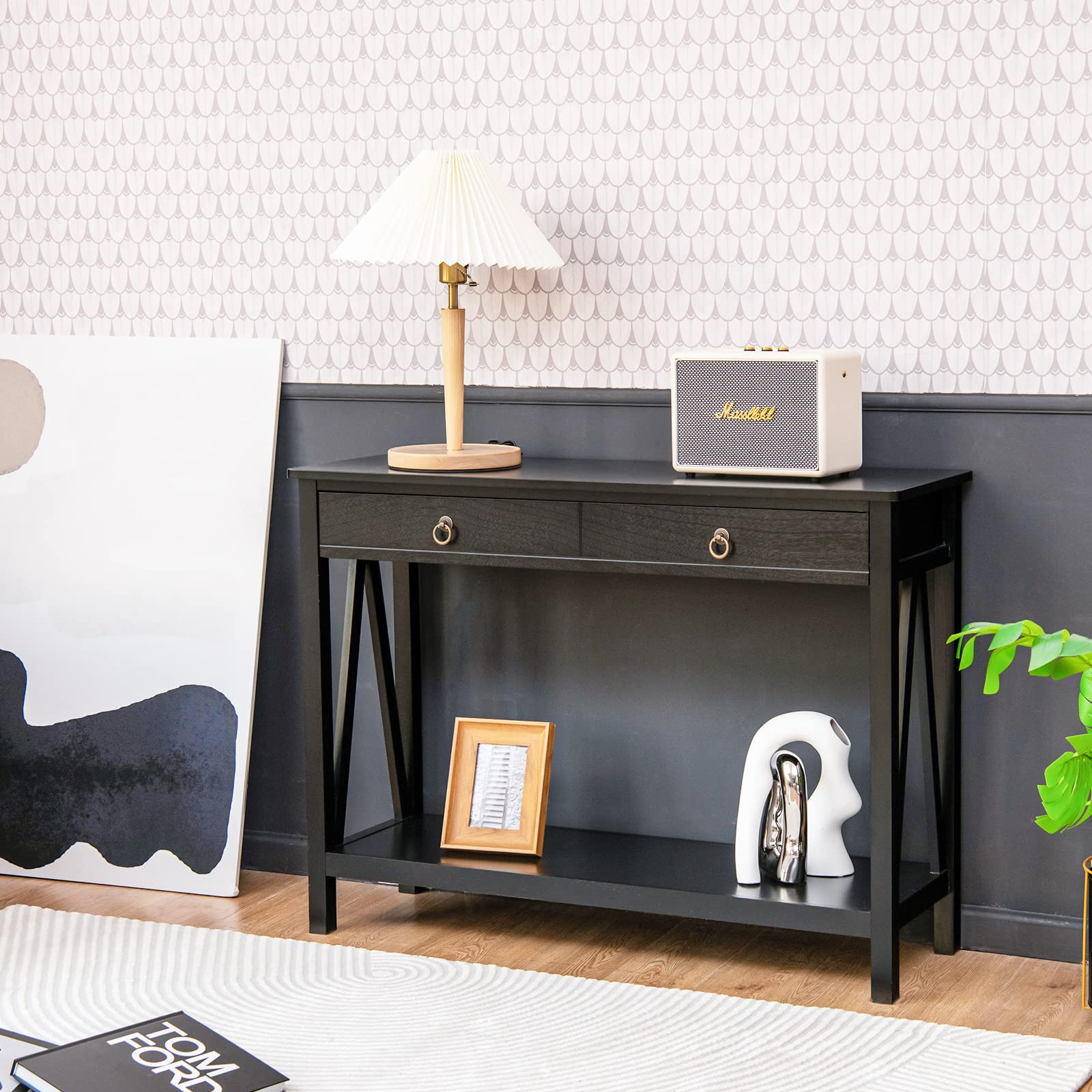 Console Table Entryway Sofa Side Table with 2 Drawers & Open Shelf