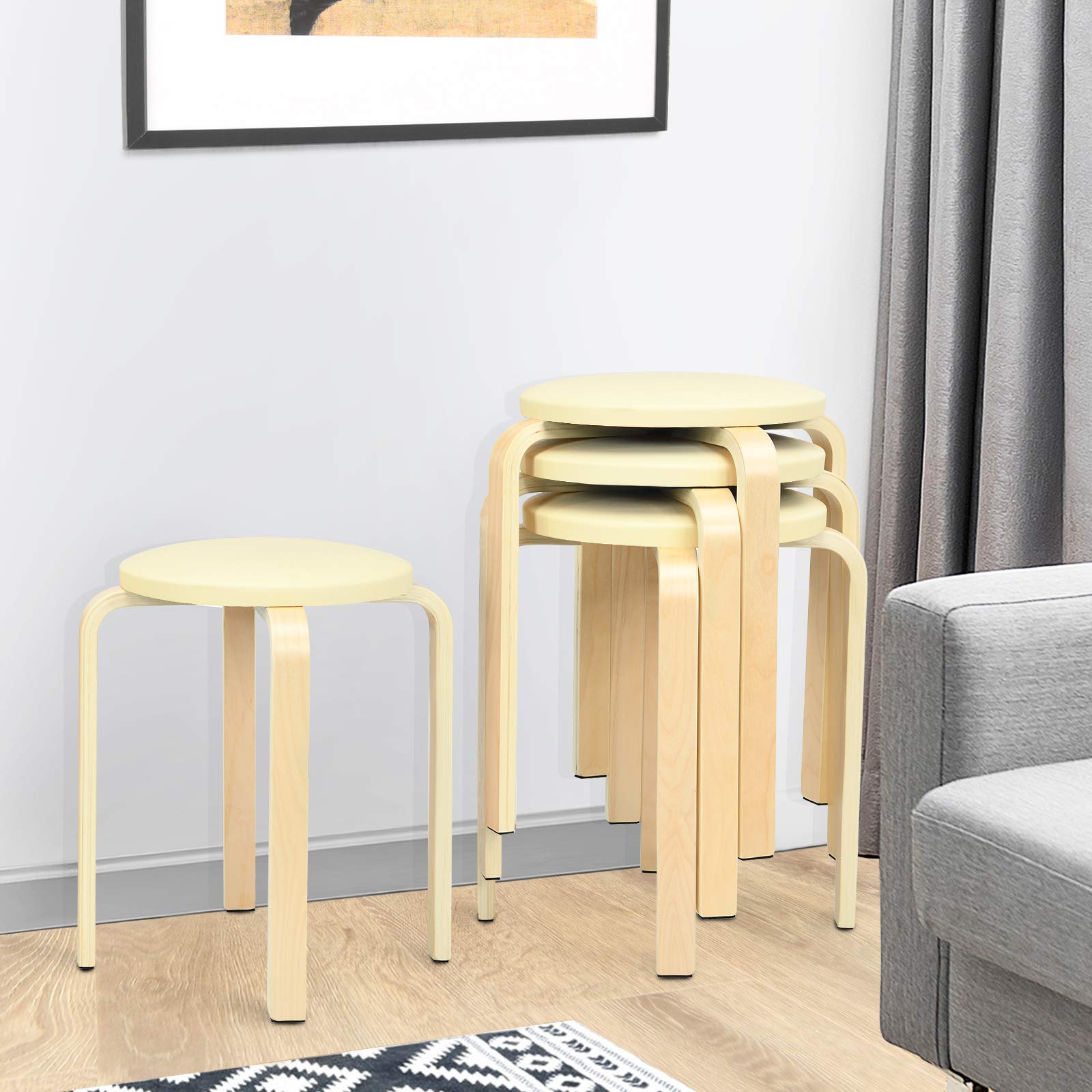 4-Pack Bentwood Stack Stools, 18.5-Inch Portable Stools with PU Leather Round Top, Non-Slip Foot Mats