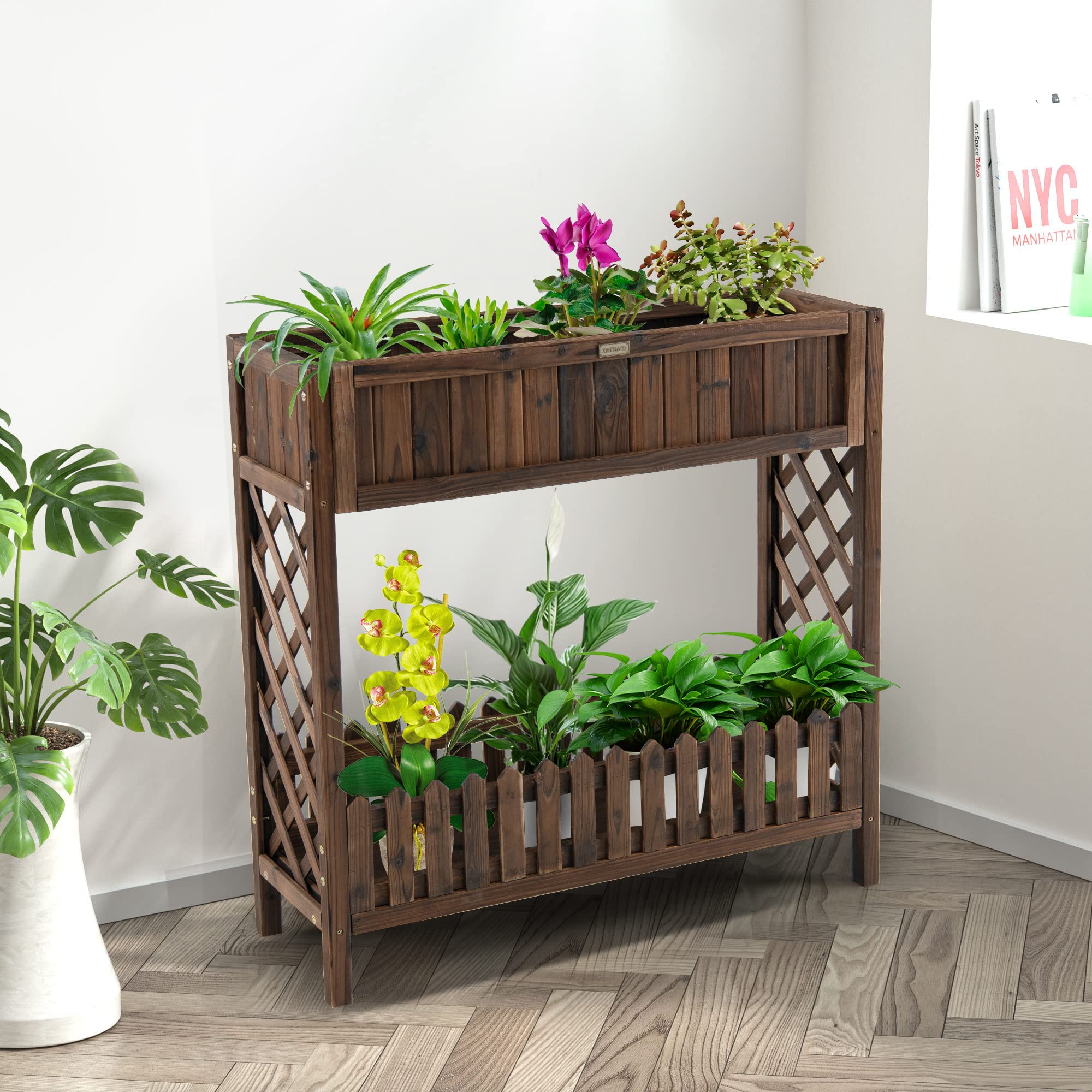 Giantex Planter Raised Bed, Elevated Potted Plant Rack(Brown)