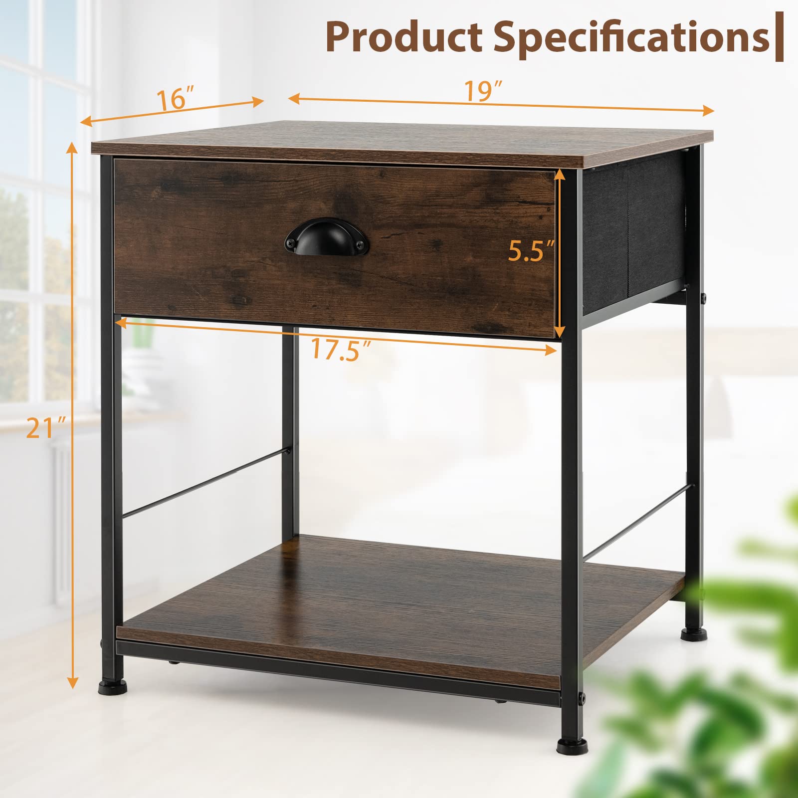 Giantex Nightstand with Drawers, Bedside Table w/Removable Fabric Bins & Pull Handle